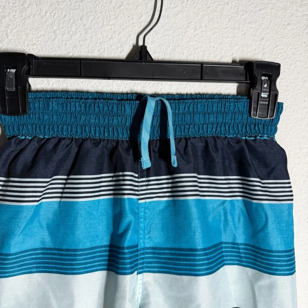 Nike Just‎ Do It Trunks Shorts Boys Teal Blue Striped Drawstring Beach Swimwear